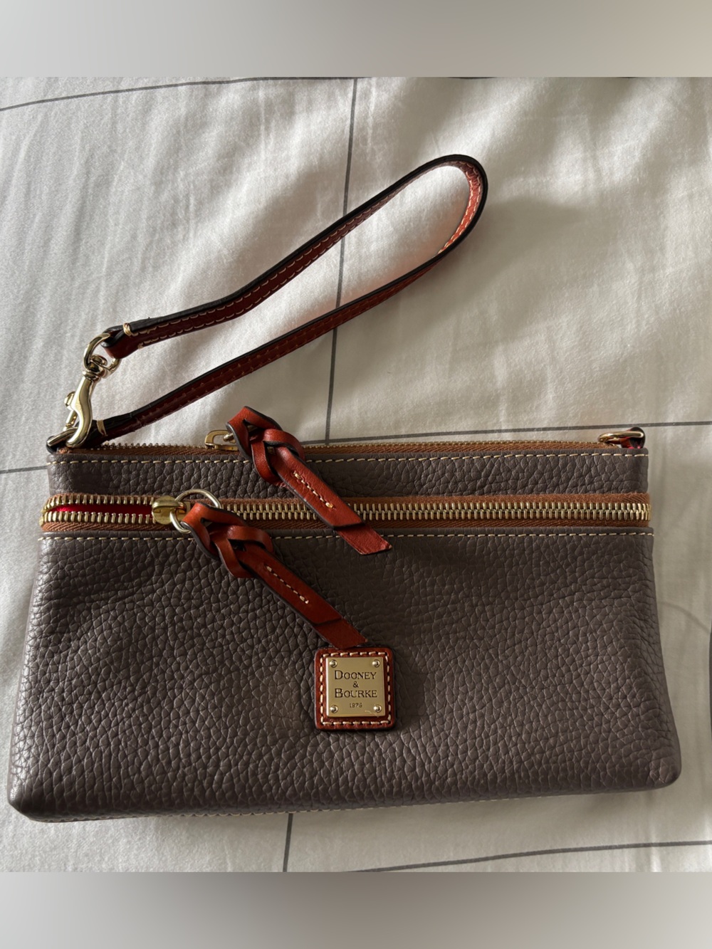 Dooney & Bourke Brown Pebbled Leather Wristlet with Tan Trim
